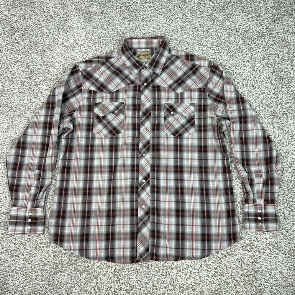 Wrangler Mens Shirt Extra Large Gray Red Plaid‎ Pearl Snap Western Cowboy Work